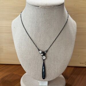 Avon SAQ Black Clear Rhinestone Crystal Drop Bead Cocktail Silver Tone Necklace